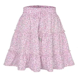 Skirts In Summer ALine High Waist Loose Casual Floral Women Fashion Prairie Chic Female LaceUp Sweet Beautiful Skirt 230424