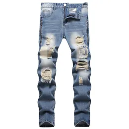 Retro Blue Slim-Fit Męskie dżinsy nostalgiczne rozryte dżinsowe spodnie zip ozdób mężczyzn ubrania