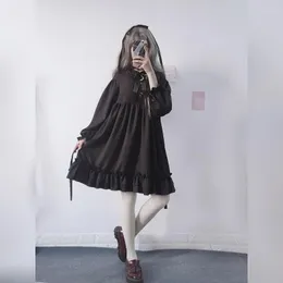 Casual Dresses Women Black Ruffles klär japansk harajuku lykta ärm