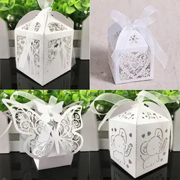 Brocada de presente 10pcs a laser corte oco Cutrifing Favors Box Presentes Caixas de chocolate com fita para o chá de bebê de casamento