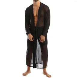 Men's Sleepwear Shirt Bathrobe Gay Bath Sleeve Robe Sexy Long Mesh Men Nightgown Cuecas Robes Homewear Cardigan Transparent Gown