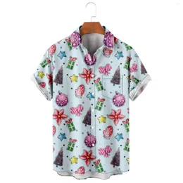 Camisetas masculinas Button Down Paijama camisa masculina impressão de Natal de manga curta colar