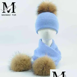 Beanie/Kafatası Kapakları Çocuk Örme Eşarp ve Şapka Set Yeni Moda 2 Parça Yürümeye Başlayan Bebek Kız Erkekler Solid Winter Sıcak Kürk Pom Damla Teslimat F Dhkkq