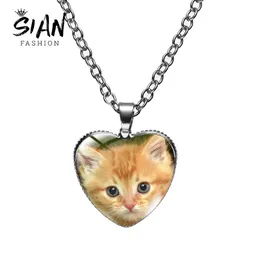 Strands Strings SIAN Cute Pet Cat Heart Pendant Necklace For Women Fashion Metal Glass Face Fine Chain Jewelry Child Gift Accessories Souvenir 230424