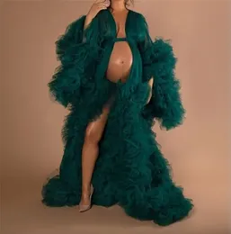 Grön illusion ruffles tyll långärmad kvinnor vinter sexig kimono gravid fest sömnkläder kvinnor badrock ren nattklänning robe sha sha