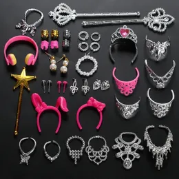 Doll Accessories 38pcsset Simulation jewelry Necklace Crown Earrings Pink Hanger Mirror Comb For Toys 230424