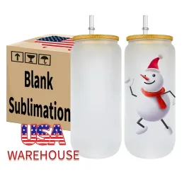 US Warehouse 16oz Sublimation Glass Beer Mugs Bamboo Lids Straw Tumblers DIY Blanks Cans Heat Transfer Cocktail Iced Coffee Cups Whiskey Glasses