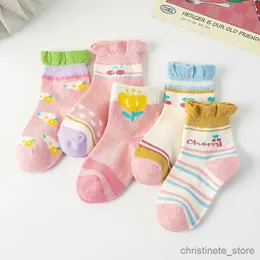 Kindersocken Prinzessin Mädchen Rüschen weiche Baumwollsocken schöne Kirschblüten-Sticksocken Polychromatische Frühlingsherbstkinder warme Streifensocken