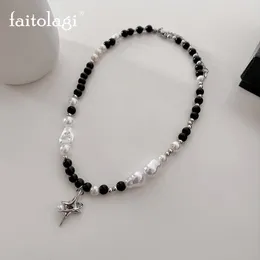 Anhänger Halsketten Punk Star Barock Perle Damen Asymmetrisch Schwarz Weiß Imitation Edelstahl Schmuck 230424