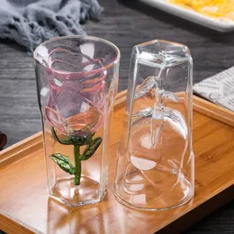 Fruit Vegetable Tools 180ml Creativity Double Wall Rose Flower Shape Wine Glass Bilayer Cocktail Red Cup Bar Party Barware Lover Xmas Gifts 230424