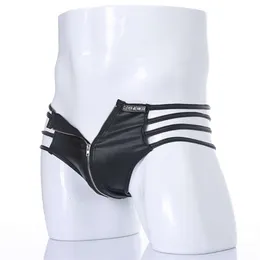 Sexy Men's Underwear PU Faux Leather Thong BDSM Bandage Zipper Briefs Jockstraps Erotic Lingerie String Panties