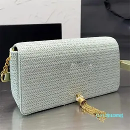 Saman Zarf Çantaları Crossbody Çanta Yaz Plajı Dokuma Çantalar Zincir Deri Omuz Kayışı Metal Donanım Mektup Püskül Hasp Fermuar Cep Debriyaj Çanta