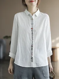 Damen Blusen Hemden Johnature Damen Vintage Double Cotton Yarn White Shirt Turndown Collar Loose Embroidered 2023 Spring Long Sleeve Bl