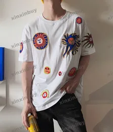 Xinxinbuy Men Designer Tee T Shirt 23ss Face Pattern Fish Sun Embroidery半袖コットン女性ブラックホワイトS-XL