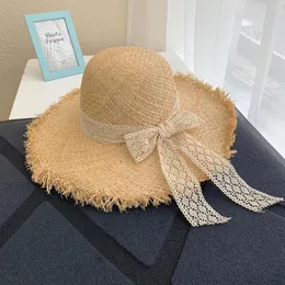 Chapéus largos de abrangência Summer Bowknot Straw Sun for Mulher Ladies Lace Ribbon Externa Travel Beach Hat Capact Caps 2023