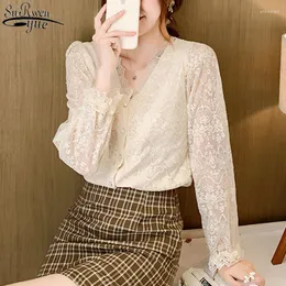 Женские блузки мода V-образные кружевные рубашки Crochet Flower Elegant White Blous