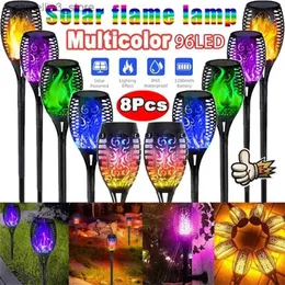 Gräsmattor 1/2/4/6/8st 12/96Led Solar Flame Torch Lights Flimrande Lamp Watertproof Garden Decoration Outdoor Lawn Path Yard Patio 5 Färg Q231125