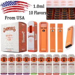 USA Warehouse Dabwoods engångsvapspennor e cigaretter 1.0 ml tom enhet 10 smaker engångspatron 280mAh batteriladdningsbar