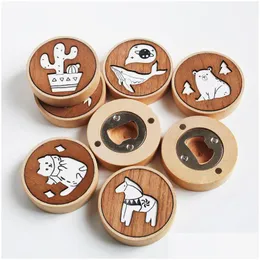 Openers Cartoon Style Wooden Round Shape Bottle Opener Coaster Fridge Magnet Decoration Beer Wholesale Lx4360 Drop Delivery Home Gar Dhlaj