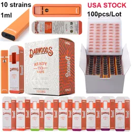 USA Stock Dabwoods одноразовые E -сигареты 1 мл одноразовых ручек Vape Pement Pods Pods Перезаряжается 280 мАч батарея 10 вкуса толстая масляная ручка 510 резьба 100 шт.