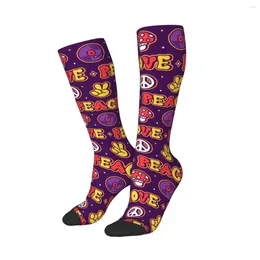 Men's Socks Hippie Style Peace Love Mushroom Merch Over Calf Sweat Absorbing Yin Yang Flower Winter High Tube Super Soft