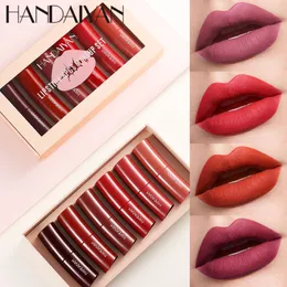 6pcs/lot Handaiyan Matte Lipstick湾曲した形状防水性長持ちする赤いヌードリップスティック保湿リップキットメイクアップコスメティクス