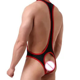 Erkekler Seksi Bodysuit Bulge Pouch U Dışbükey Tulum Arka Backless Açık Butt Askı Fanila Egzot