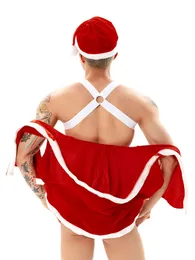 Pz Natale Uomo Bondage sexy con mantello con cappuccio Intimo aperto laterale Mutandine Slip in similpelle esotica Abbigliamento per adulti