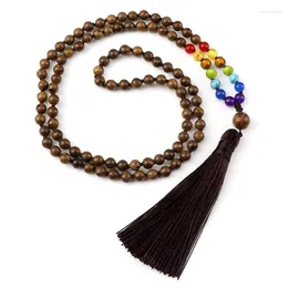 Hänge halsband 7 chakras reiki långt halsband för män kvinnor handgjorda knutna träpärlor 108 mala radband tassel bön buddha smycken