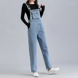 Kvinnors jeans kvinnor våren hösten overall mode alla matchade lösa fickor rak denim jumpsuits casual kvinnliga hängbyxor byxor
