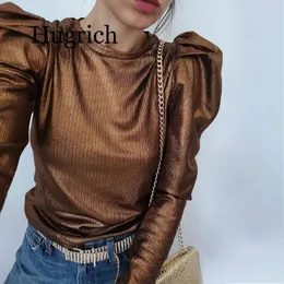 Women's Blouses Shirts Gold Velvet Puff Long Sleeve Casual Shirt Women Spring O Neck Slim Fit Tops Fashion Streetwear Autumn 230424