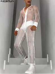 Męskie ścieżki mody Zestawy mody Mesh Patchwork Transpare Sexy Lapel Long Rleeve Spodnie 2023 Streetwear Suits Dwa kawałki Interun 230425