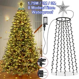 Weihnachtsdekorationen, 8 Modi, Timer, LED-Weihnachtsbaum-Wasserfall-Lichter mit Sternaufsatz, Erinnerung, funkelnde Garten-Feiertagsbeleuchtung, Weihnachtsdekorationen 231124