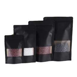 Förpackningsväskor Stand Up Black Paper Frosted Window Self Seal Bag Återställbar mellanmål Biscuit Kaffegåvor Värme Tätning Förpackning Pouches DHLVM