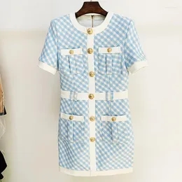 Casual Dresses High Quality Est Fashion 2023 Fall Winter Designer Women's Short Sleeve Lion Button Color Block Plaid Tweed Dress