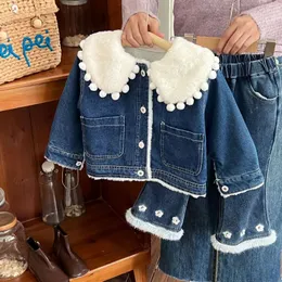 Jackets Kids Girls Denim Fleece Coat Cute Patch Ball Lapel Collar One Breasted Jean Soft Thick Children Winter Velvet Overcoats