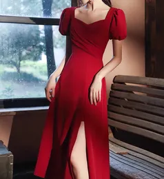 Burgundy Cocktail Dresses 2023 Elegant Square Collar Puff Sleeve Sexy High Slit Formal Party Prom Gowns Ladies Homecoming New