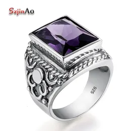 Pierścień Solitaire Real 925 Sterling Silver Heavy Signet Pierścień Mężczyzna masywny ametyst 12*16 mm Stone Party Męski prezent biżuterii dla męża Top 230425