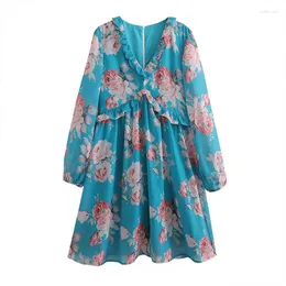 Casual Dresses Zatrhmbm Women 2023 Spring Fashion Chiffon Ruffle Printed Mini Dress Vintage V-Neck Long Sleeves Female Vestidos Mujer