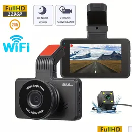 CAR DVR CAR DVRS DASH CAM DVR 24H HD 1296P CAMERA Dual Lens Video Recorder Black Box Cycle Dashcam med WiFi G-Sensor Night Camcorder Otmmg
