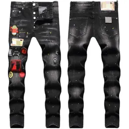 D2 Дизайнерские мужские джинсы Dsquare DSQ2 Модные рваные брюки в стиле хип-хоп Черные цифровые принты со средней посадкой Маленькие прямые джинсовые брюки Мужские джинсы Дизайнерские брюки 138