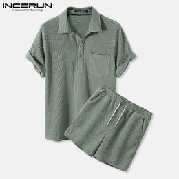 Mens Tracksuits INCERUN 2023 Carduroy Sets Solid Color Leisure Lapel Short Sleeve Shirt Shorts Streetwear Casual Suits 2PCS S5XL 230425