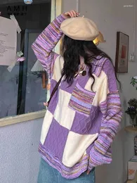 Kadınların Sweaters y2k Tiki Stili Külük Ekose Kontrast Renk Yasal Dönüş Gevşek Gevşek Harajuku Vintage Tüm Maç Kadın Giyim