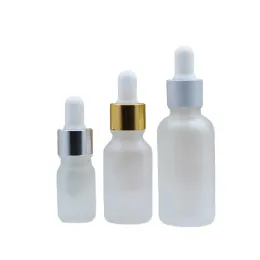 Wholesale Frost Glass Dropper Bottle Silver Gold Lid White Rubber Top Empty Cosmetic Packaging Container Essential Oil Vials 5ml 10ml 15ml 20ml 30ml 50ml 100ml