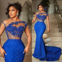 2023 Aso ebi Blue Mermaid Prom Downsed Sequeded Mermaid Evening Birthday Party Second Dresses African Nigeria Dress Disk Onglicing ST263