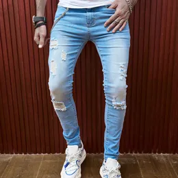 Herren-Röhrenjeans, lässig, schmal, Biker-Jeans, Denim, Knielöcher, Distressed, zerkratzt, gebleicht, Hip-Hop, zerrissene Hosen, gewaschene mittelschwere Bleistifthose