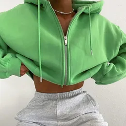 Jaquetas femininas Mulheres Verde Curto Zíper Com Capuz Camisola Moda Manga Longa Moletom Casacos Solto Crop Top