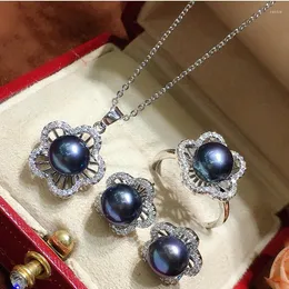 Necklace Earrings Set Freshwater Pearl Pendant Earring Ring 8-9mm Flower Three-Piece