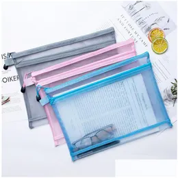 Bolsas de lápis Duas camadas a4 bolsa de arquivo simples transparente malha zíper de fio de papelaria estudante de largecapacity bolsa lx3632 entrega de gota o dhstx