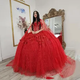 빨간 수제 3dflowers Quinceanera 드레스 볼 가운 크리스탈 레이스 어깨에서 케이프 공식 파티 달콤한 16 드레스